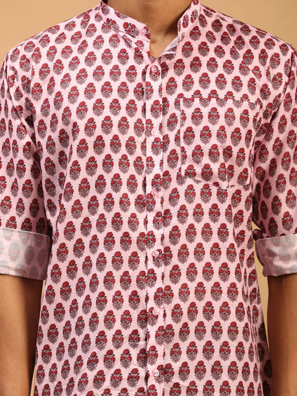 Men's Pink Muslin Straight Ethnic Shirt