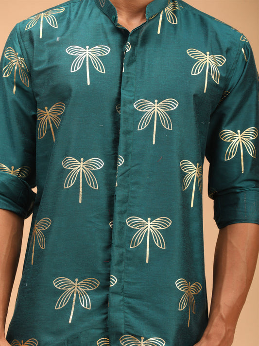 Men's Green Viscose Straight Ethnic Shirt
