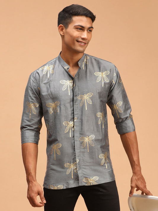 Men's Grey Viscose Straight Ethnic Shirt