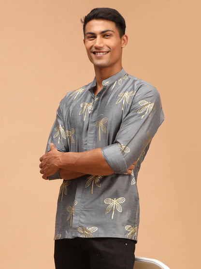 Men's Grey Viscose Straight Ethnic Shirt