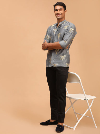 Men's Grey Viscose Straight Ethnic Shirt