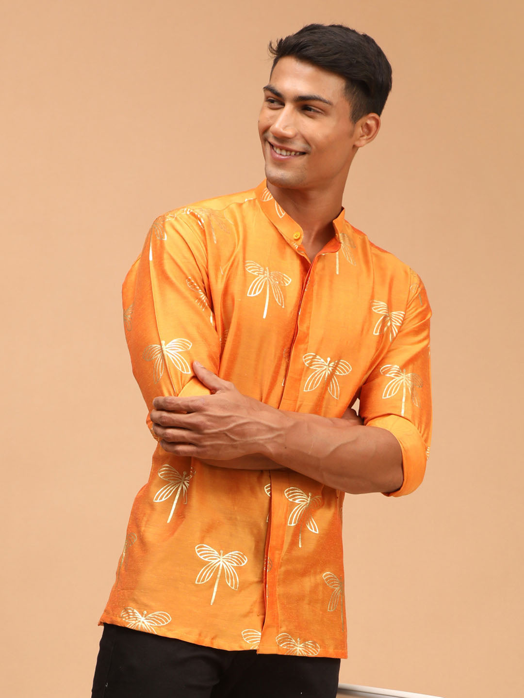 Men's Orange Viscose Straight Ethnic Shirt