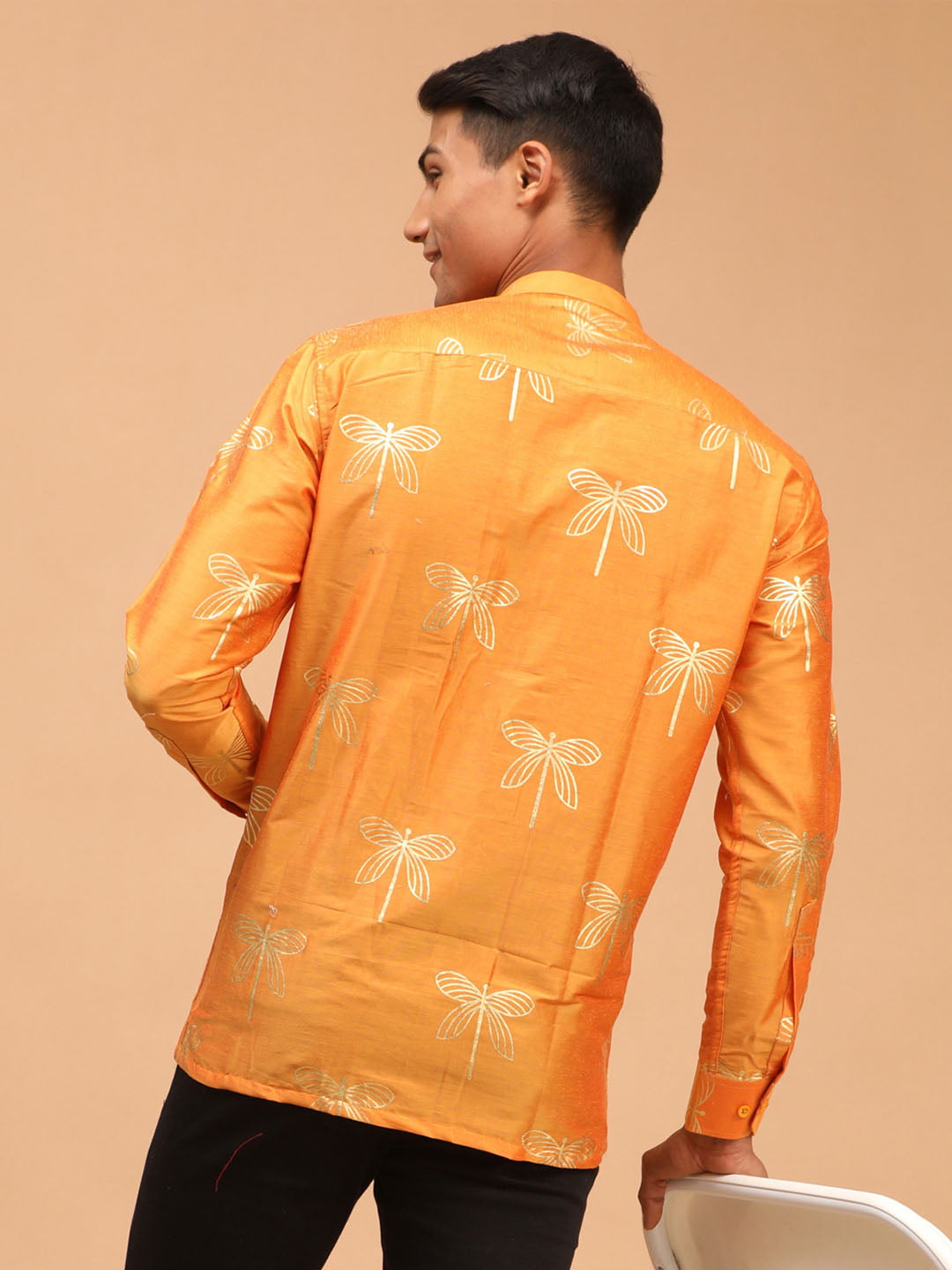Men's Orange Viscose Straight Ethnic Shirt