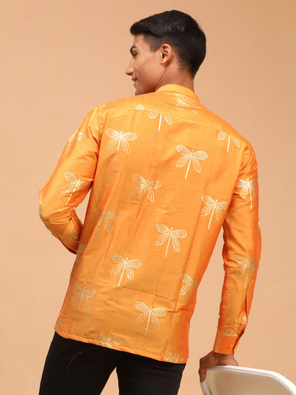 Men's Orange Viscose Straight Ethnic Shirt