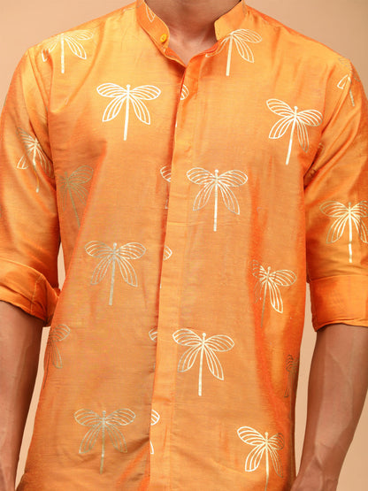 Men's Orange Viscose Straight Ethnic Shirt