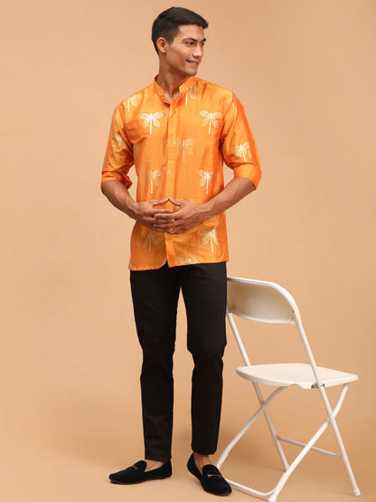 Men's Orange Viscose Straight Ethnic Shirt