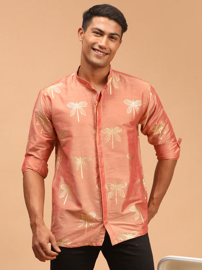 Men's Pink Viscose Straight Ethnic Shirt