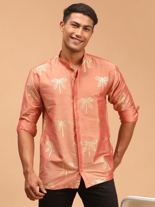 Men's Pink Viscose Straight Ethnic Shirt