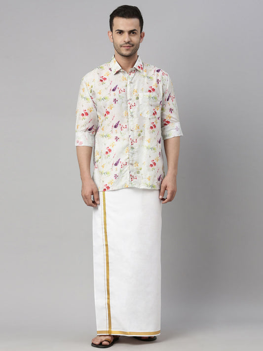 Men's Cream Muslin Straight Shirt And Mundu