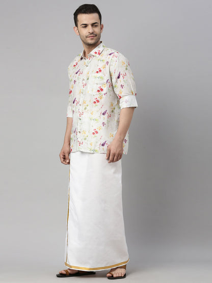 Men's Cream Muslin Straight Shirt And Mundu