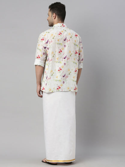 Men's Cream Muslin Straight Shirt And Mundu