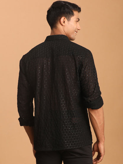 Men's Black Georgette Straight Ethnic Shirt