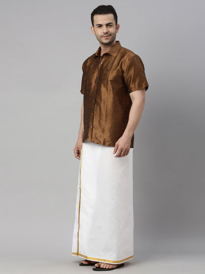 Men's Coffee Silk Blend Straight Shirt And Mundu