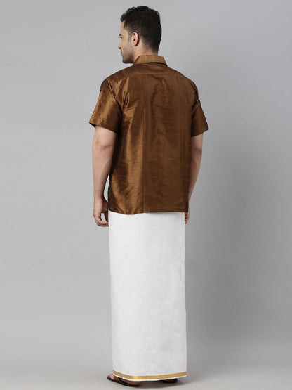 Men's Coffee Silk Blend Straight Shirt And Mundu