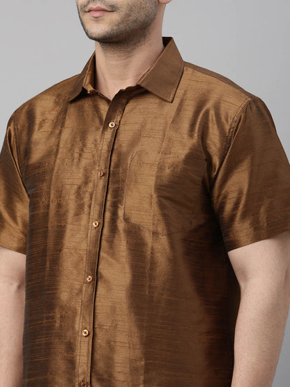 Men's Coffee Silk Blend Straight Shirt And Mundu