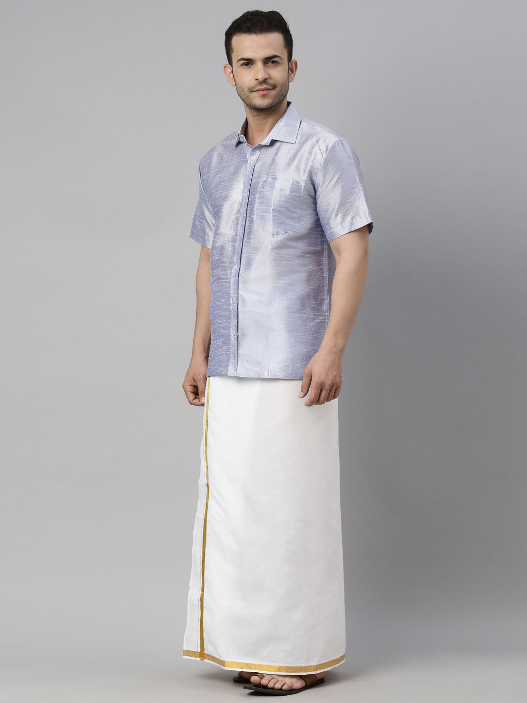 Men's Lavender Silk Blend Straight Shirt And Mundu