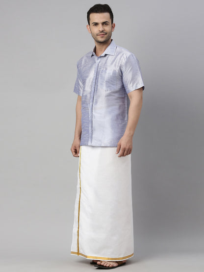 Men's Lavender Silk Blend Straight Shirt And Mundu