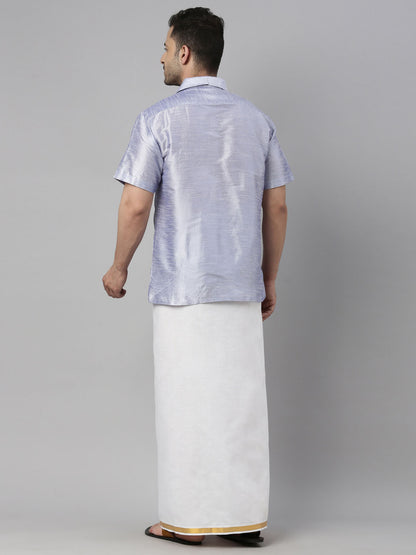 Men's Lavender Silk Blend Straight Shirt And Mundu