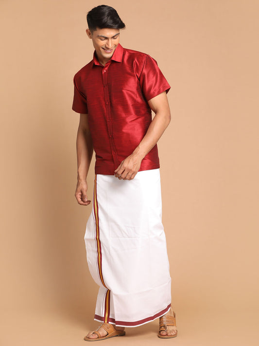 Men's Maroon Silk Blend Straight Shirt And Mundu