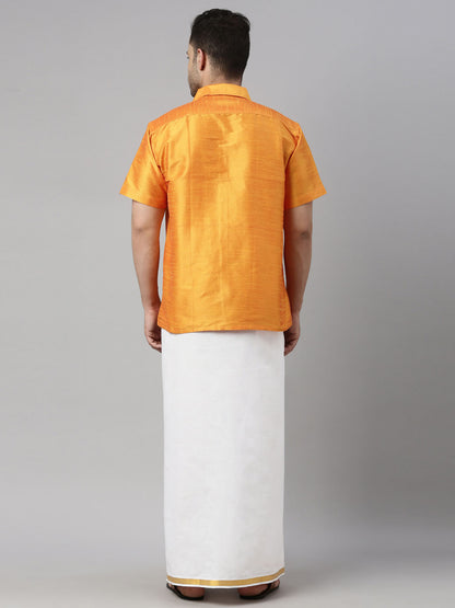Men's Orange Silk Blend Straight Shirt And Mundu