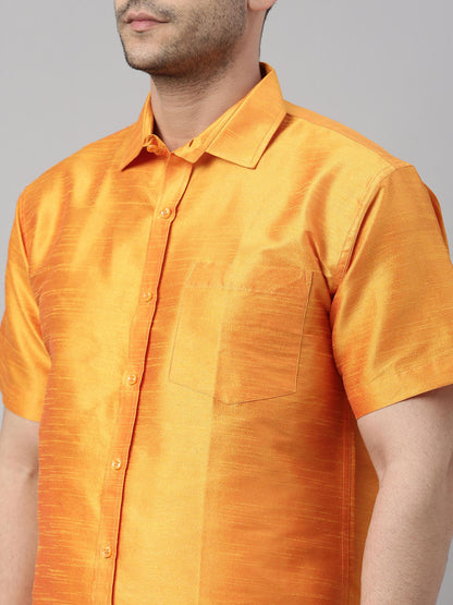 Men's Orange Silk Blend Straight Shirt And Mundu