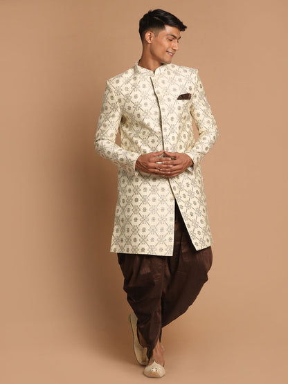 Men's Beige Silk Blend Straight Sherwani Set