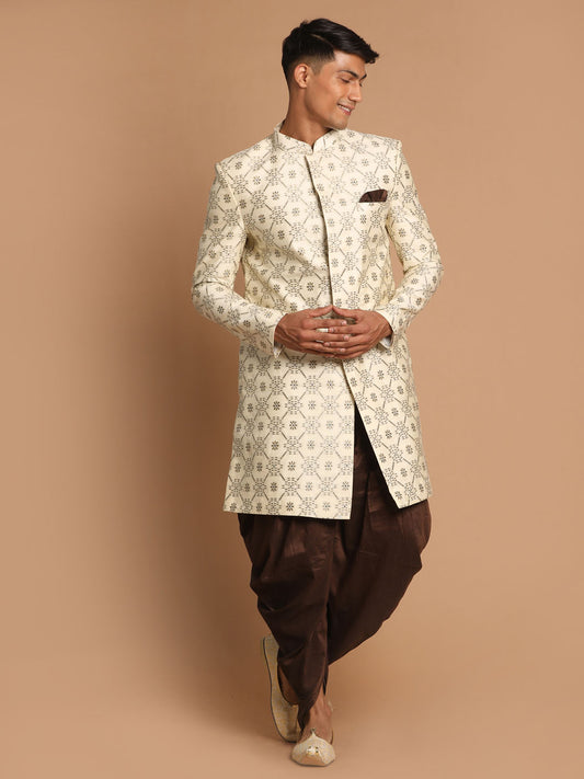 Men's Beige Silk Blend Straight Sherwani Set