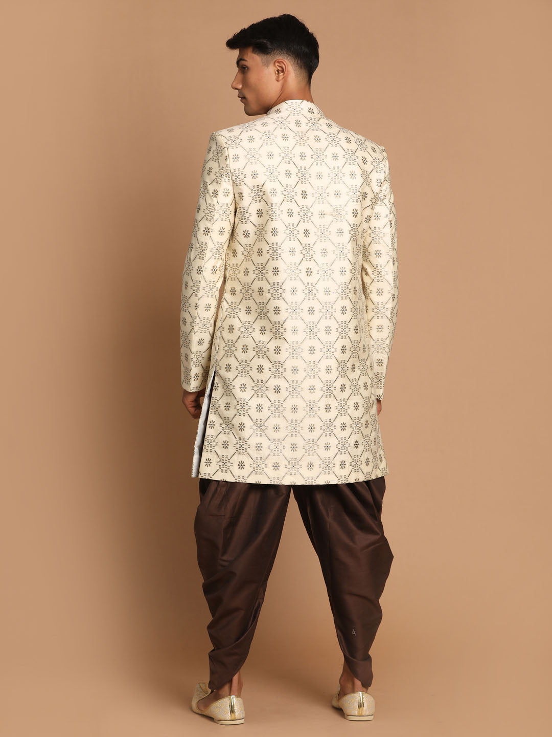 Men's Beige Silk Blend Straight Sherwani Set