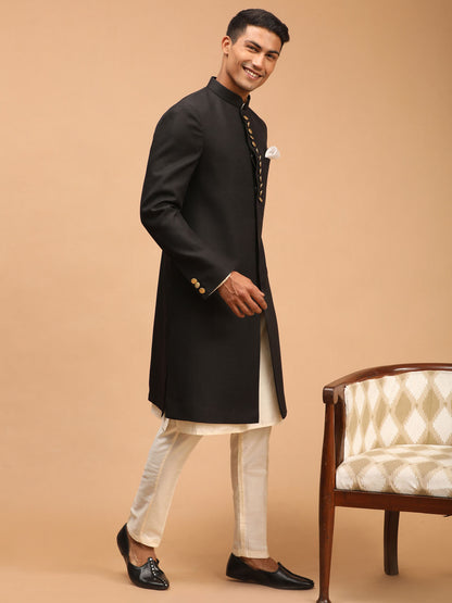 Men's Black Viscose Straight Sherwani Set