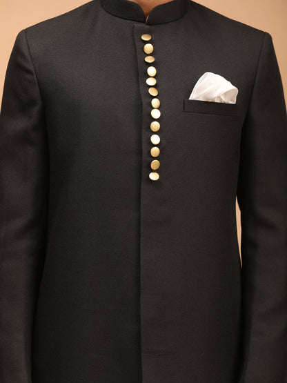 Men's Black Viscose Straight Sherwani Set