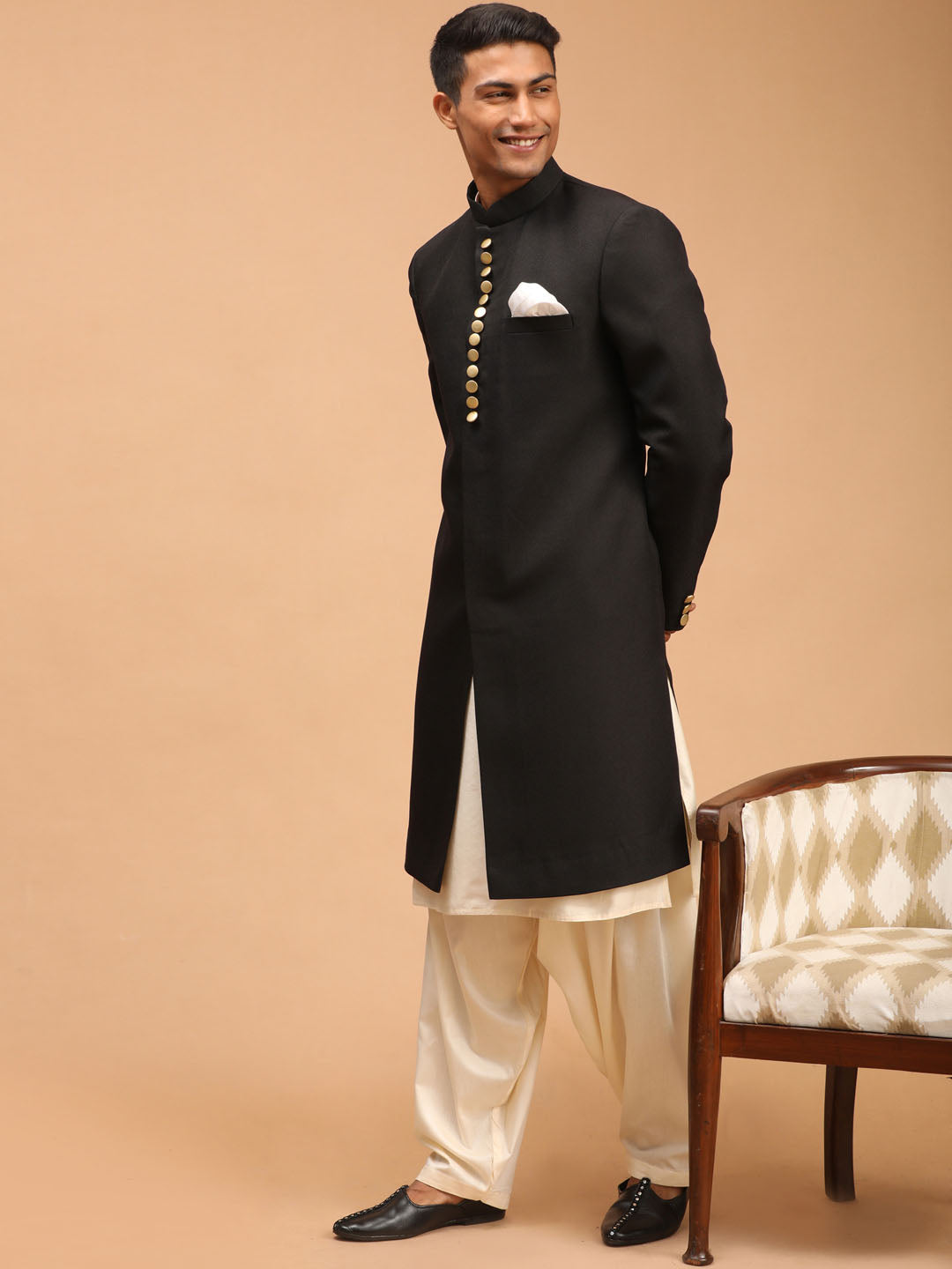 Men's Black Viscose Straight Sherwani Set