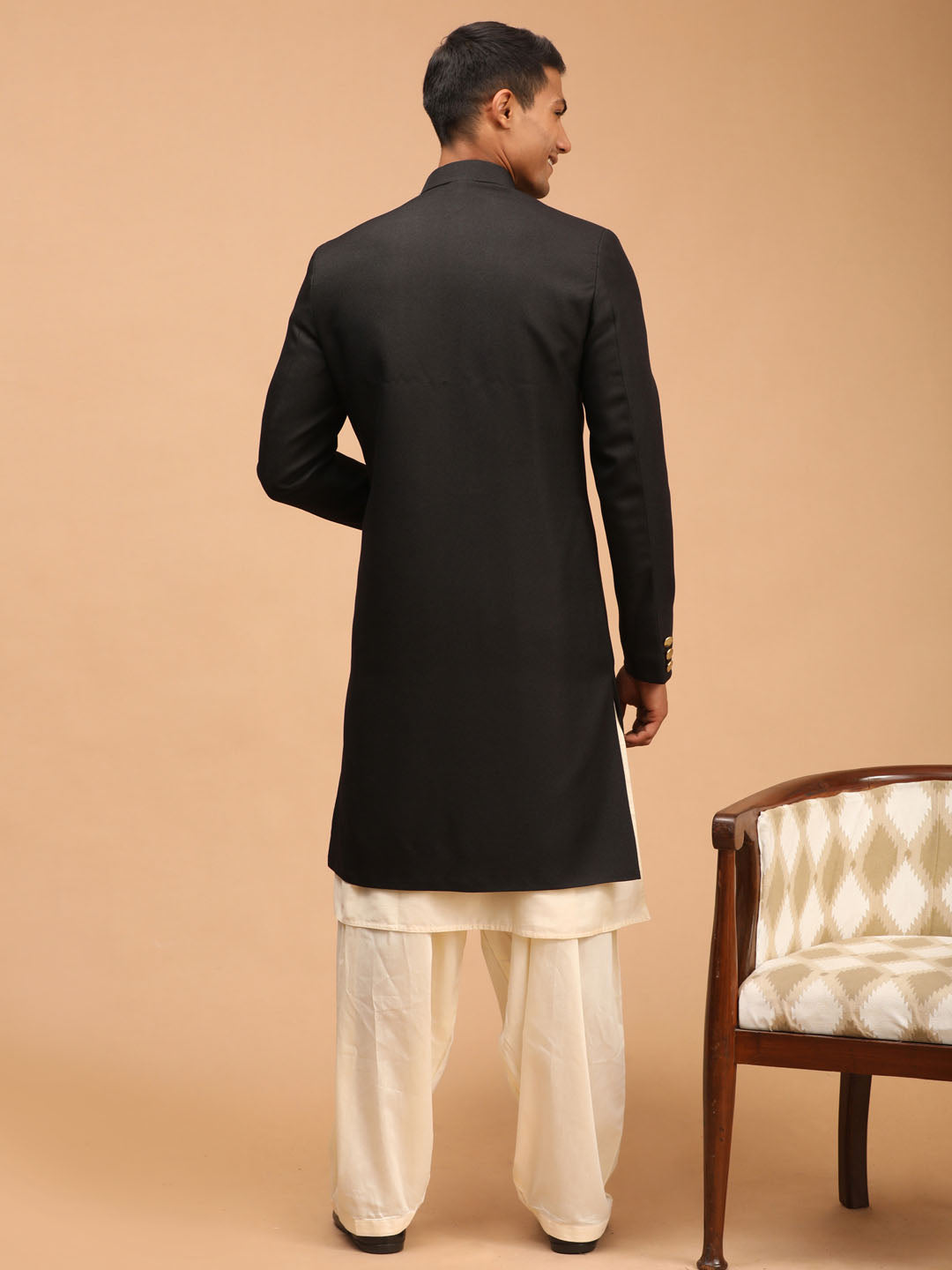 Men's Black Viscose Straight Sherwani Set