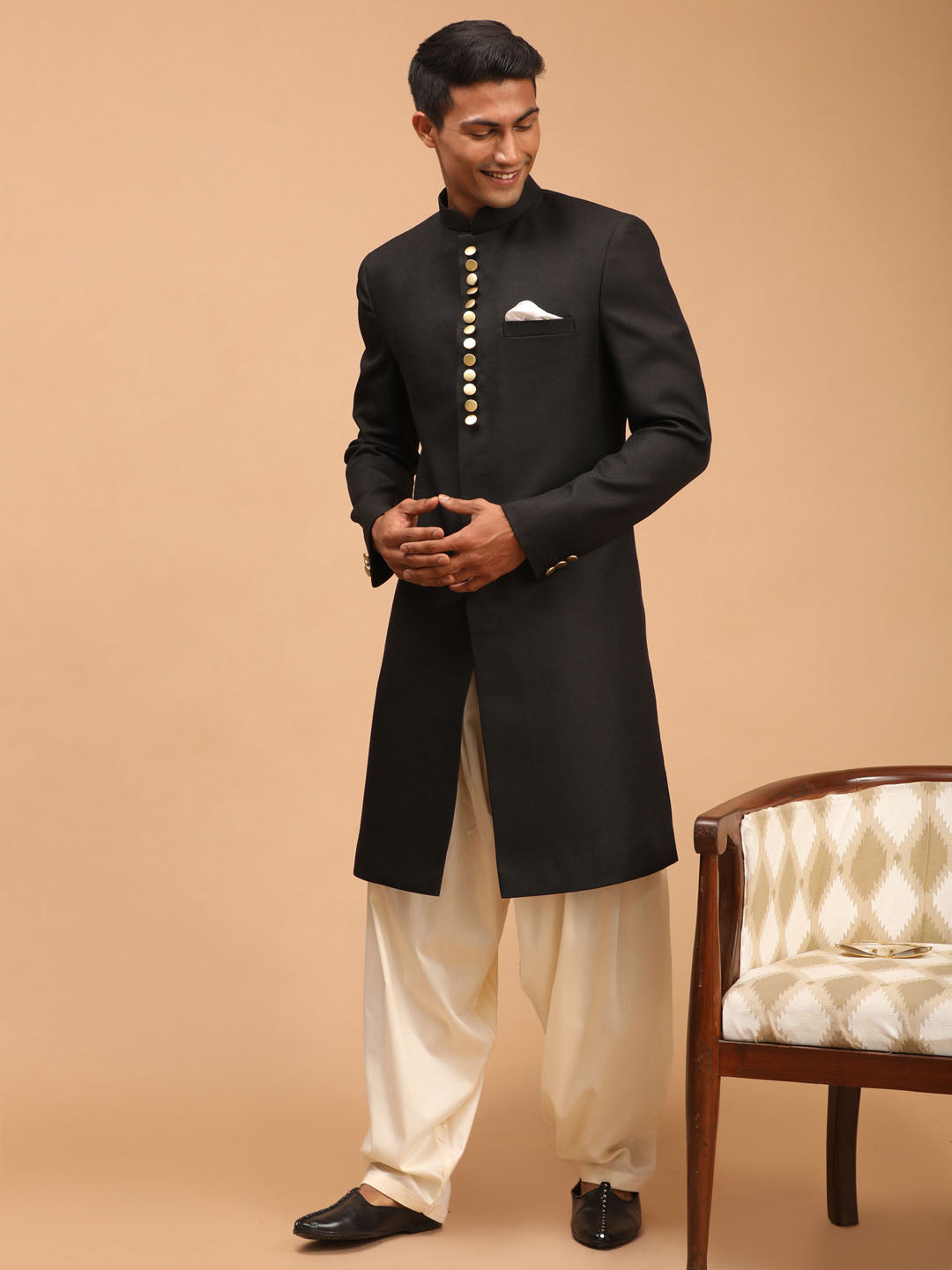 Men's Black Viscose Straight Sherwani Set