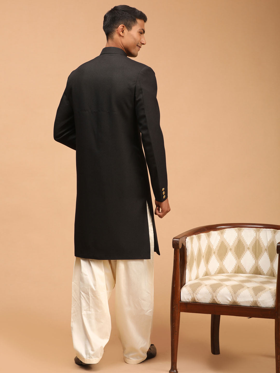 Men's Black Viscose Straight Sherwani Set