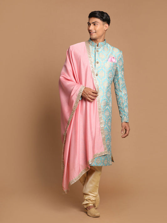 Men's Aqua Silk Blend Straight Sherwani Set