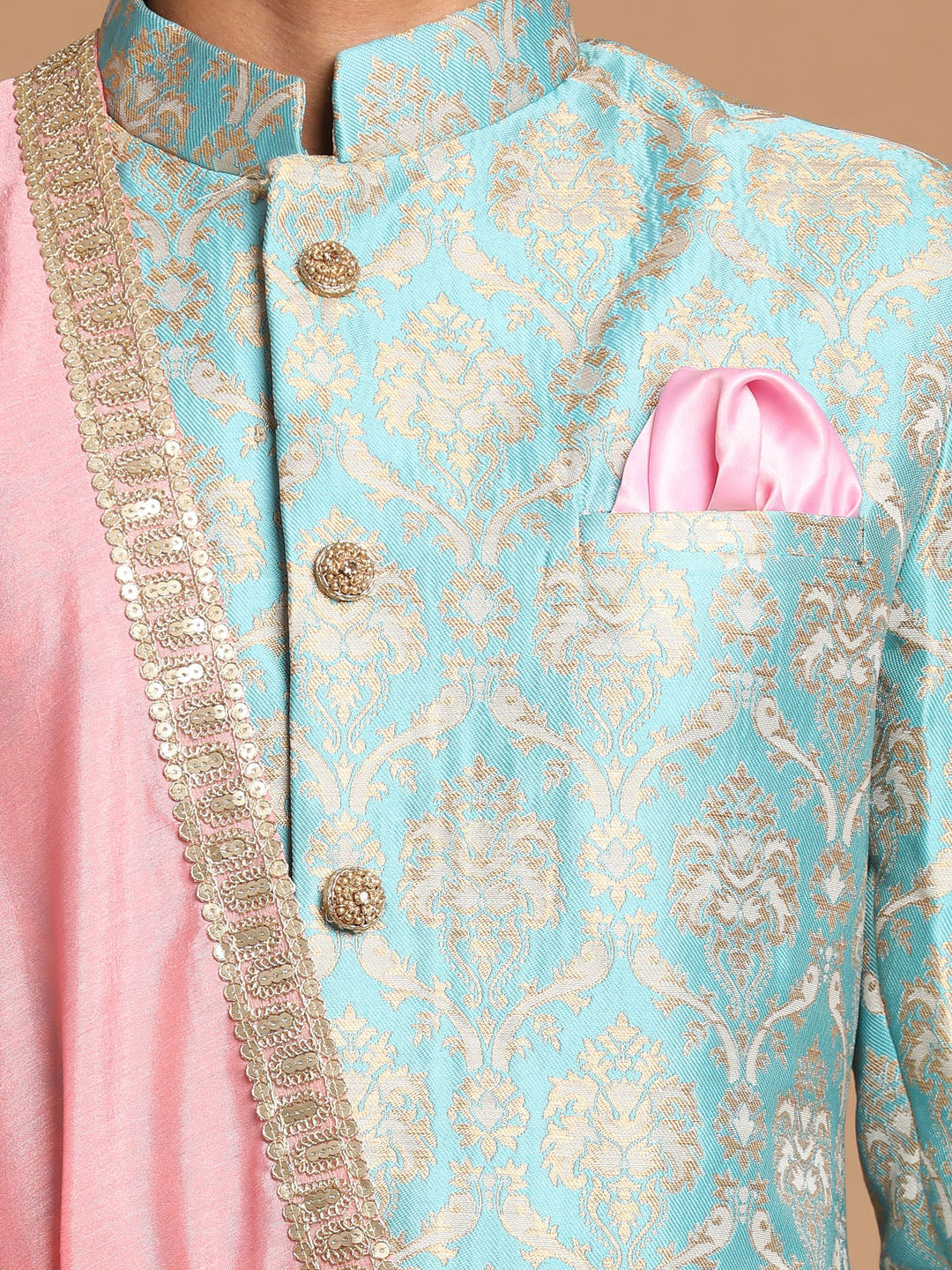 Men's Aqua Silk Blend Straight Sherwani Set