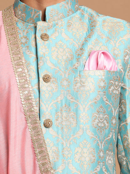 Men's Aqua Silk Blend Straight Sherwani Set