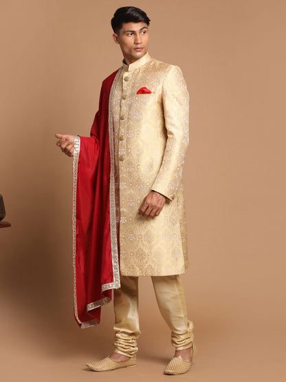 Men's Gold Silk Blend Straight Sherwani Set
