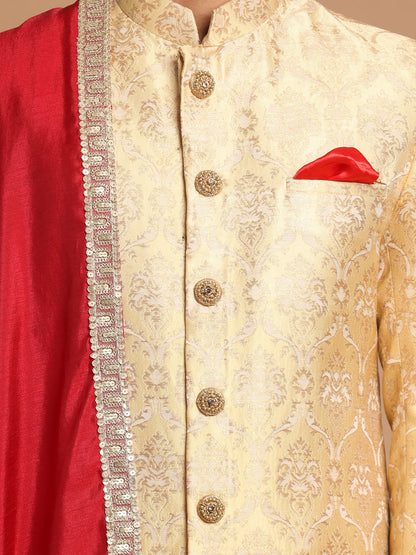 Men's Gold Silk Blend Straight Sherwani Set