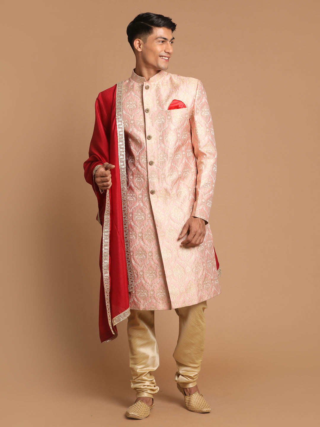 Men's Pink Silk Blend Straight Sherwani Set
