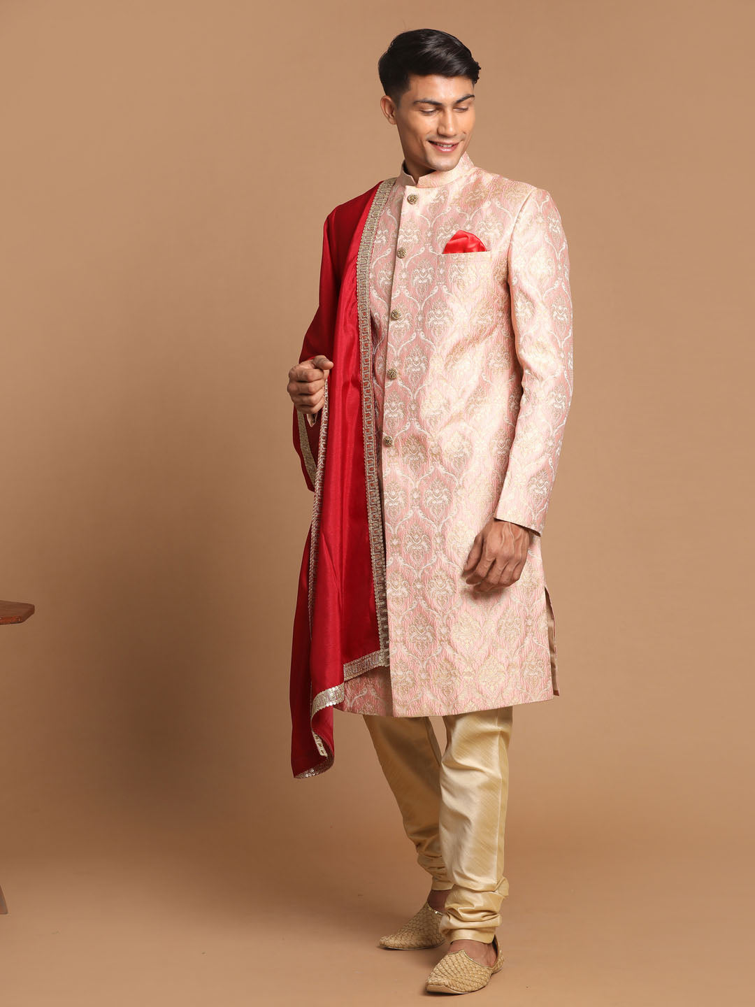 Men's Pink Silk Blend Straight Sherwani Set