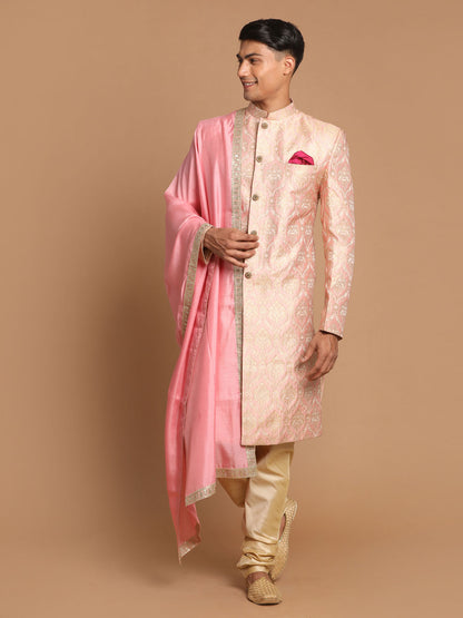Men's Pink Silk Blend Straight Sherwani Set