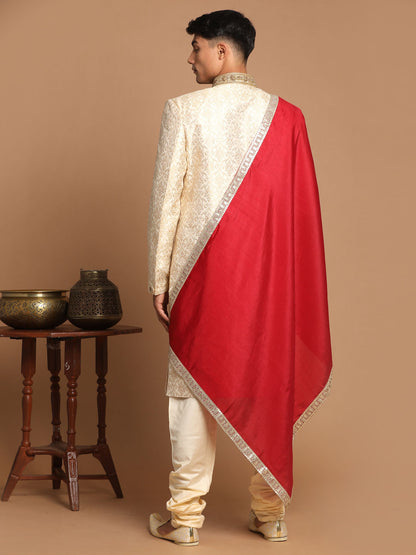 Men's Beige Maroon And Gold Silk Blend Straight Sherwani Set