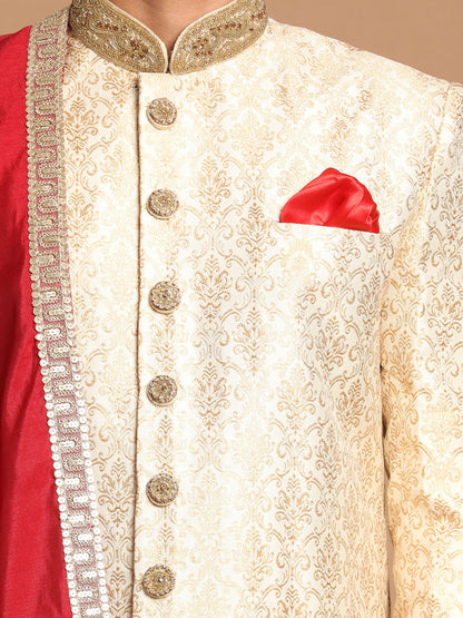 Men's Beige Maroon And Gold Silk Blend Straight Sherwani Set