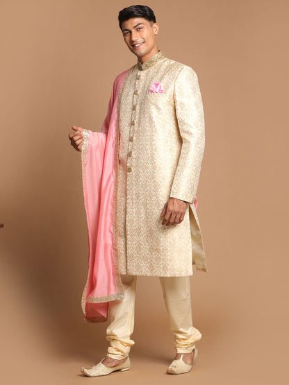 Men's Beige Pink And Gold Silk Blend Straight Sherwani Set