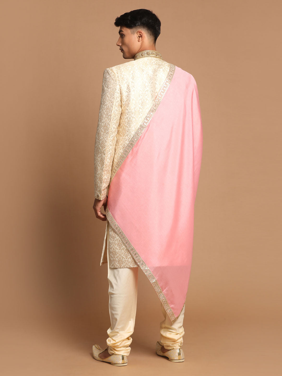 Men's Beige Pink And Gold Silk Blend Straight Sherwani Set