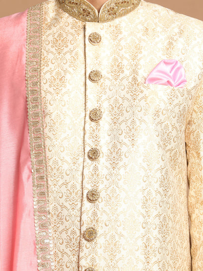 Men's Beige Pink And Gold Silk Blend Straight Sherwani Set