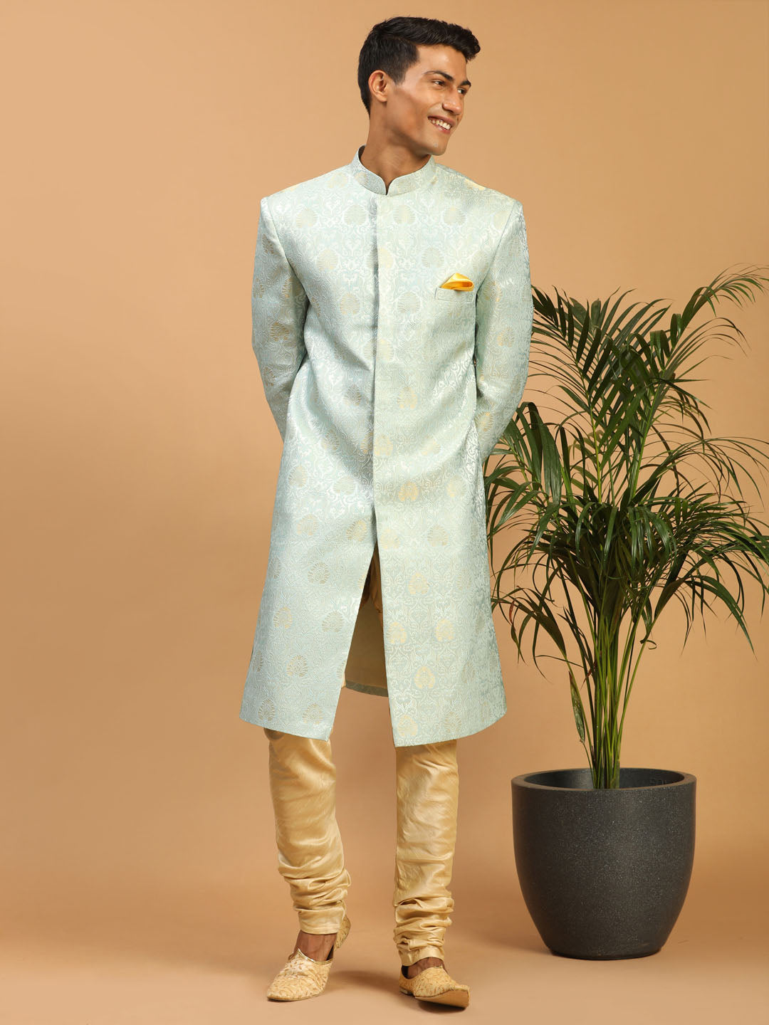 Men's Aqua Silk Blend Straight Sherwani Set