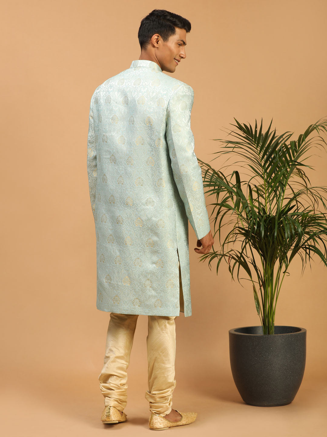Men's Aqua Silk Blend Straight Sherwani Set