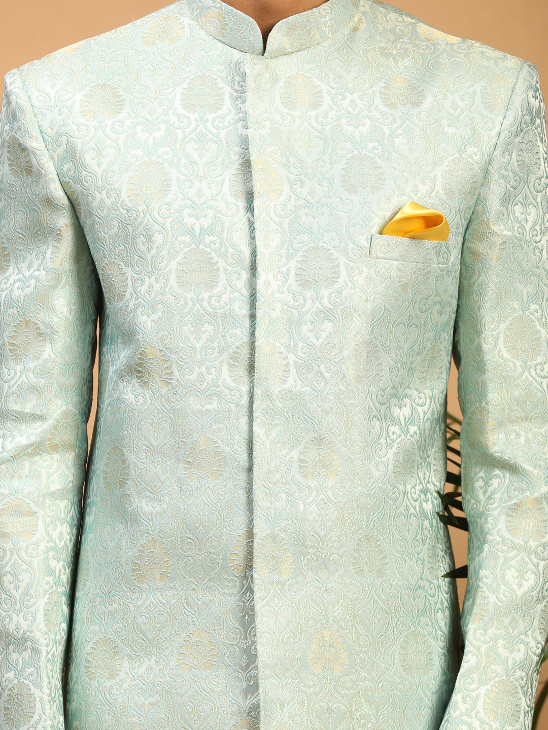 Men's Aqua Silk Blend Straight Sherwani Set